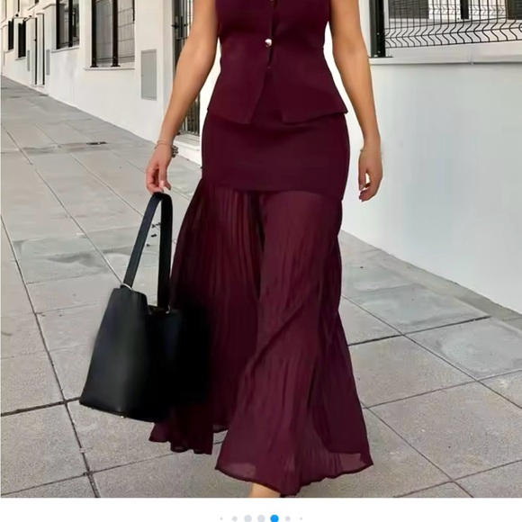 Zara NWT burgundy drop waist double layered underlay mixed pleated knit skirt - Picture 3 of 15